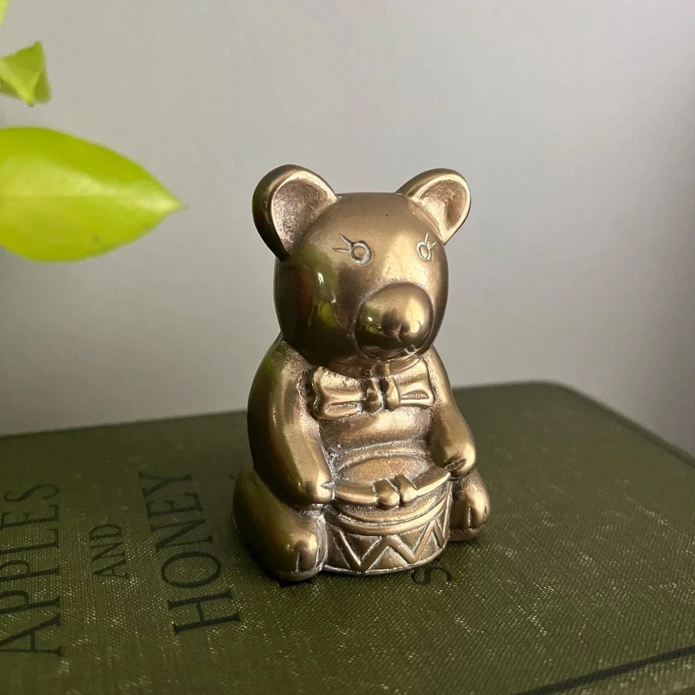 Vintage Brass Teddy Bear Figurine Playing Drum 3 Inch Small Nursery Shelf Decor